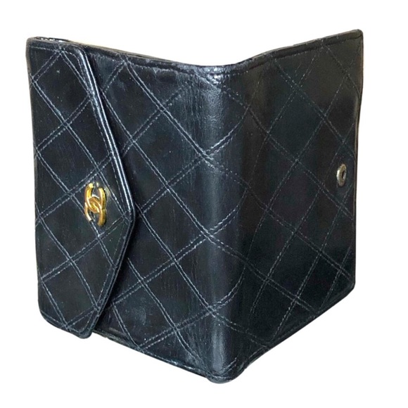 CHANEL Black Diamond Quilted Bifold Lambskin Wallet with Snap Coin Purse Vintage - Picture 16 of 17
